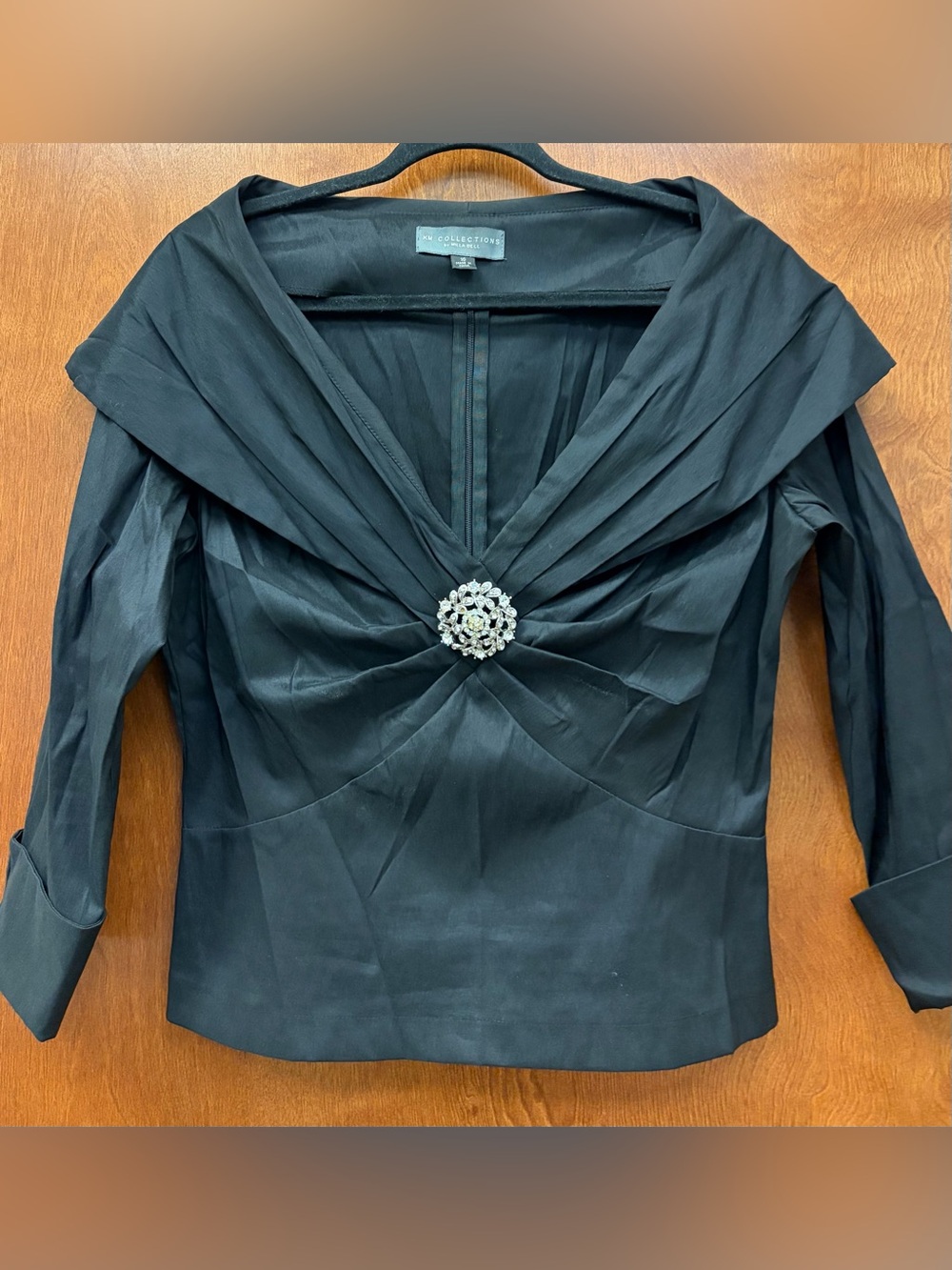 KM Collections by Milla Bell black off-shoulder formal top crystal brooch SZ 16